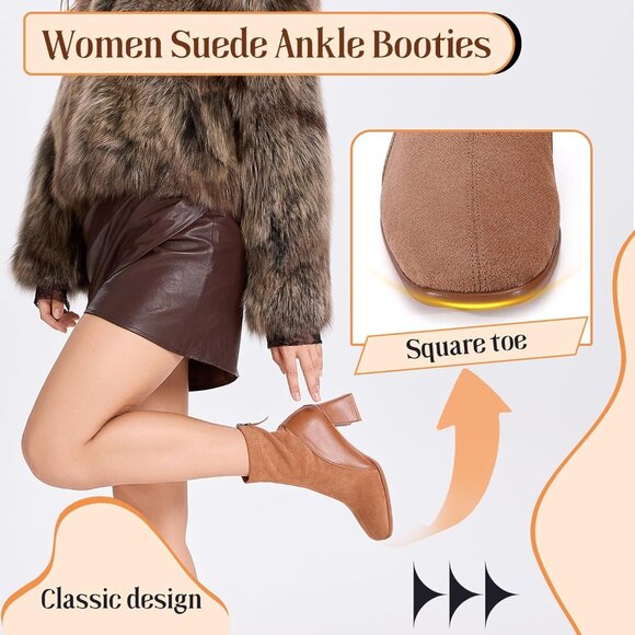 Women's Chestnut Square Toe Low Block Heel Chelsea Back Zipper Mid Calf Booties - Picture 2 of 6